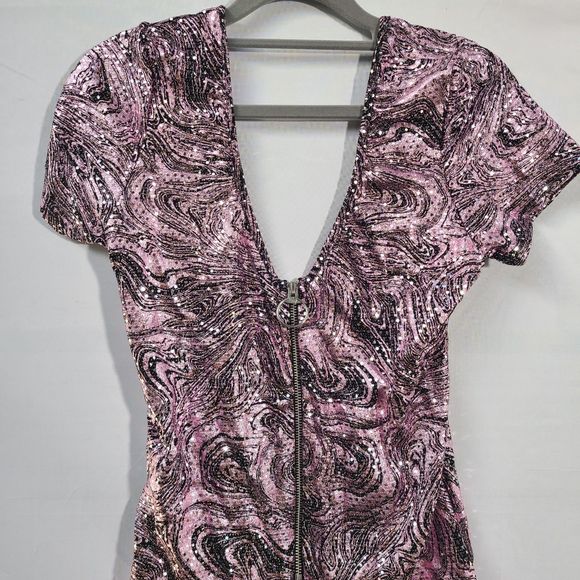 AsYou Sequin-Pink Plunge Zip Front Backless Romper W/ Zebra Pattern US 10 UK 12 - Picture 8 of 10